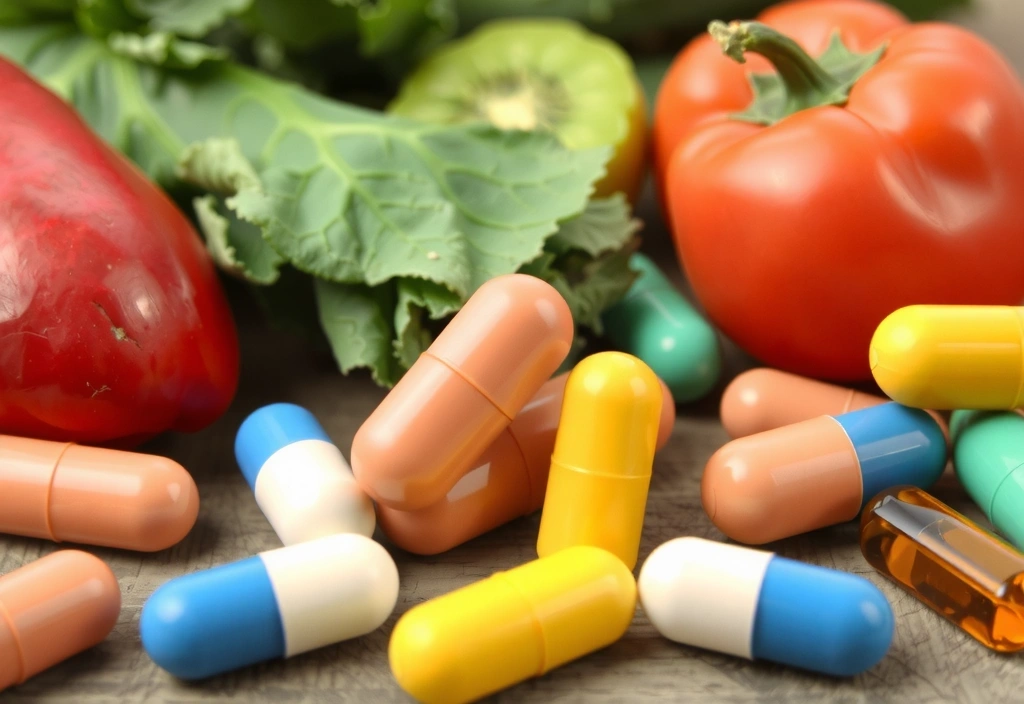 Μια σειρά από βιταμίνες του συμπλέγματος Β σε πολύχρωμα χάπια, με φρέσκα λαχανικά και φρούτα στο φόντο.