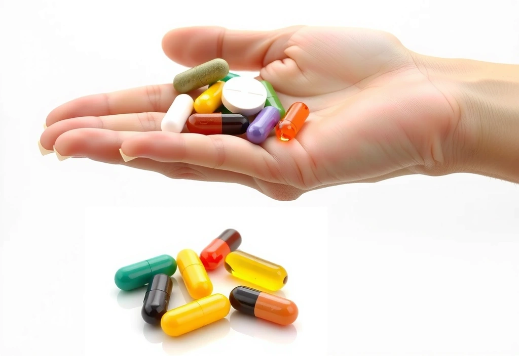 Ένα χέρι κρατάει διάφορα χάπια βιταμινών σε διαφορετικά χρώματα, συμβολίζοντας την ποικιλία και τη λήψη συμπληρωμάτων.