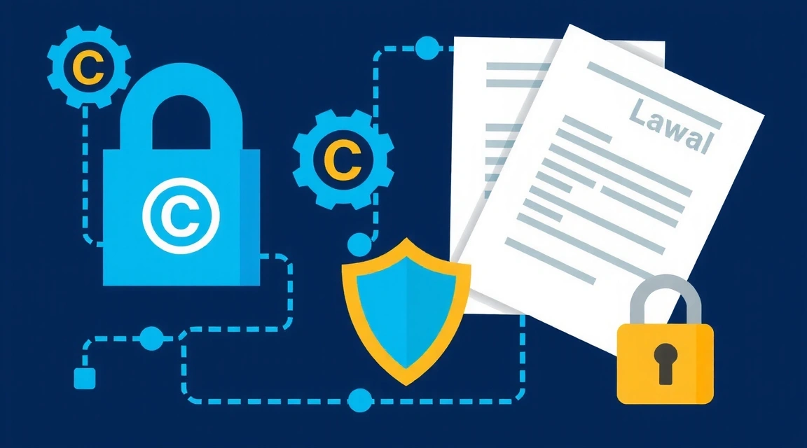Εικονογράφηση πνευματικής ιδιοκτησίας με σύμβολα copyright και νομικά έγγραφα